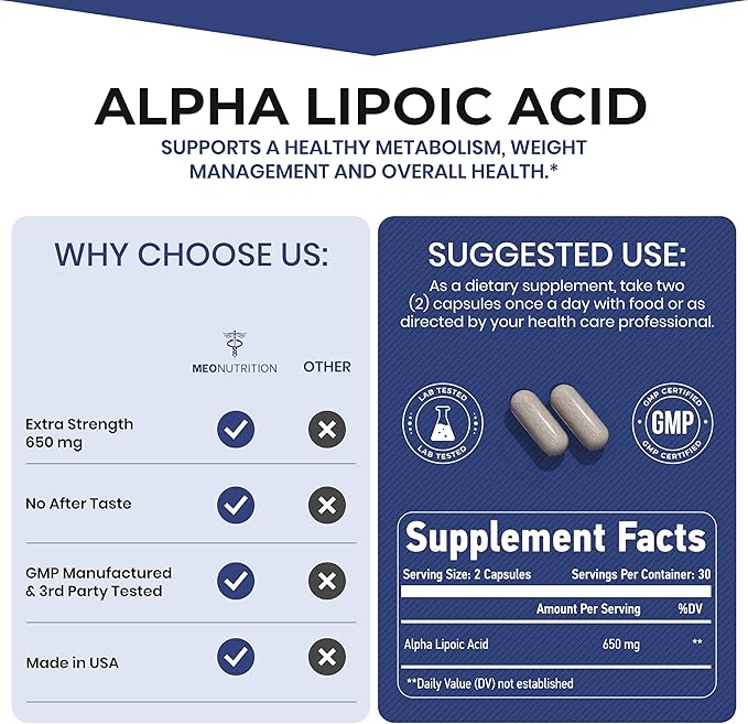 Alpha Lipoic Acid 650mg – 60 Capsules | Non-GMO, Gluten-Free, GMP Certified | Supports Antioxidant Health & Metabolic Wellness | Made in USA