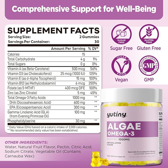 Vegan Omega 3 Gummies for Women, Algae Omega 3 1000mg Supplement with DHA, EPA, GLA, Vitamin A, E, B12, Folate, Skin & Brain Health, Sugar Free, 60 Count