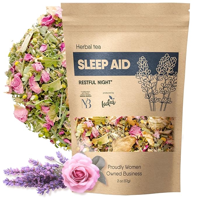 Sleep Aid Herbal Tea β Organic Calming Blend with Lemon Balm, Lavender, Linden, Chamomile, California Poppy, Passionflower, and Verbena β Supports Deep Sleep, Stress Relief and Relaxation