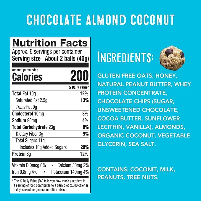 simplyFUEL Whole Food Protein Balls - Chocolate Almond Coconut Snacks - 8g Protein Snack - Gluten Free Energy Balls