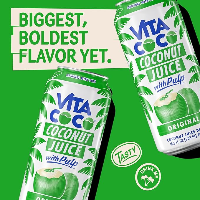 Vita Coco Coconut Juice, Original with Pulp | Big, Bold Coconut Taste | Natural Electrolytes | Sweet, Refreshing Hydration | 16.9 oz can (Pack of 12)