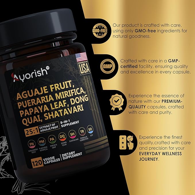 Aguaje Fruit Supplement1000mg 25:1 with Pueraria Mirifica, Papaya Leaf, Dong Quai, Shatavari, Wild Yam,Fenugreek Seed 120 Veg Capsules