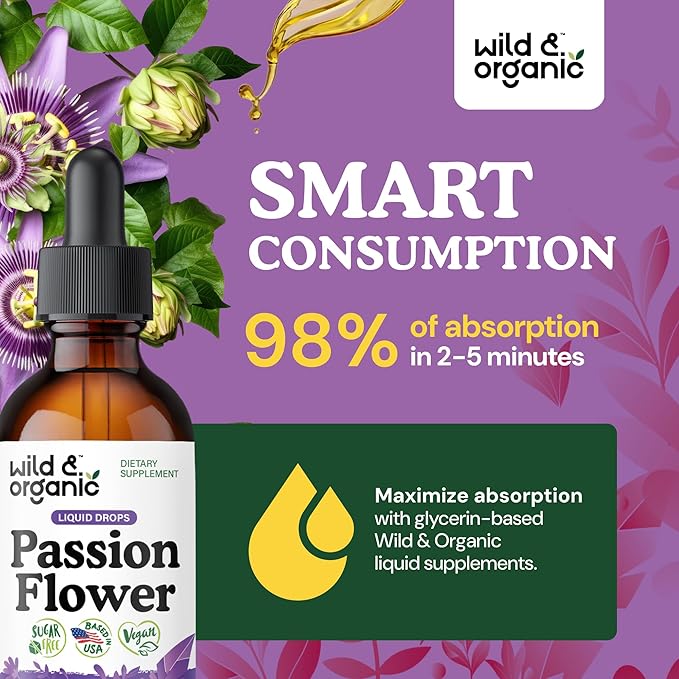 Wild & Organic Passionflower Tincture - Relaxing Passion Flower Drops for Women - Liquid Passiflora Incarnata Herb - Vegan, Sugar & Alcohol-Free Extract Supplement - 2 fl oz