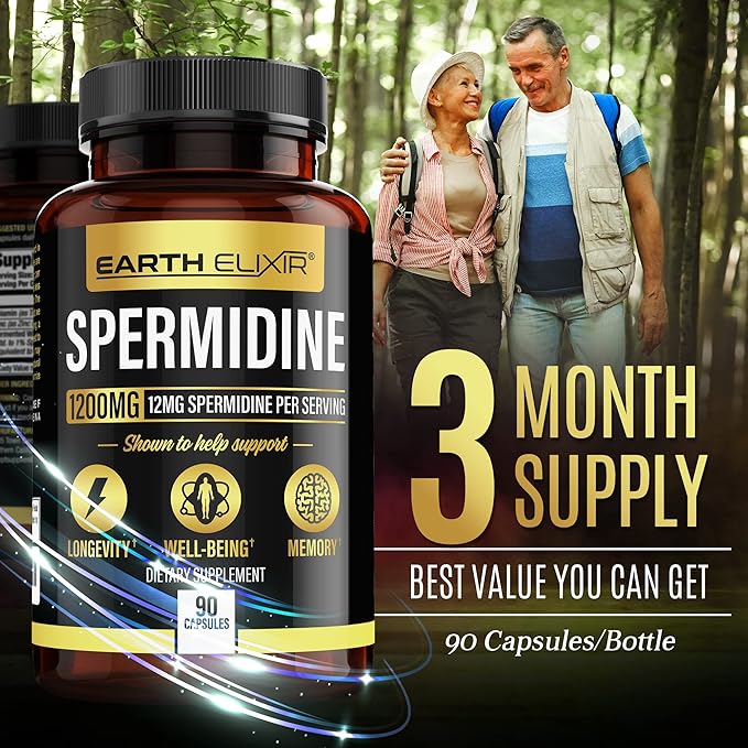 Spermidine Supplements 1200mg (90 Capsules) ā Anti Aging - 3rd Party Tested (12mg Spermidine Powder) Max Purity - 100% Pure Espermidina- Fermented Wheat Germ Extract - NMN Alternative