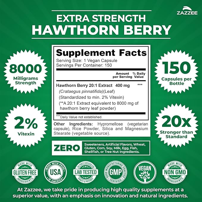 Zazzee Extra Strength Hawthorn Berry 20:1 Extract, 8000 mg Strength, 2% Vitexin, 150 Vegan Capsules, 5 Month Supply, Concentrated and Standardized Potent 20X Extract, Non-GMO and All-Natural