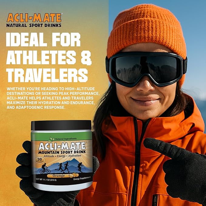 Acli-Mate Mountain Sport Drink Mix - Energy Powder Supplement - High Altitude Acclimatization Hydration - Recovery Drink for Running, Cycling, Hiking, Workout, Skiing, Travel & More - 1 Tub (Orange)