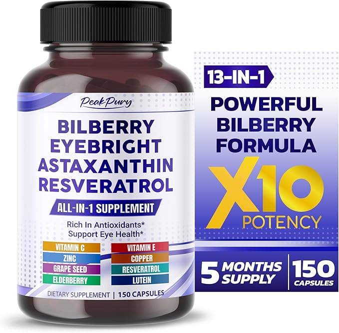 All-in-1 Bilberry Eyebright Astaxanthin Elderberry Resveratrol Supplement - Rich in Antioxidants & Supports Eye Health - Made in The USA -150 Capsules