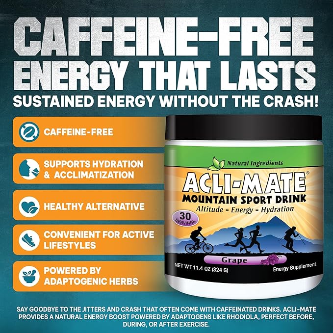 Acli-Mate Mountain Sport Drink Mix - Energy Powder Supplement - High Altitude Acclimatization Hydration - Recovery Drink for Running, Cycling, Hiking, Workout, Skiing, Travel & More - 1 Tub (Grape)