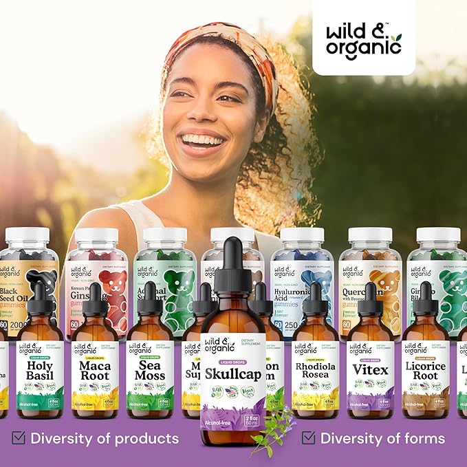 Wild & Organic Skullcap Tincture - Relaxation, Good Mood, Calmness - Liquid Skullcap Herb Supplement - Vegan, Sugar & Alcohol-Free Drops - 2 fl oz