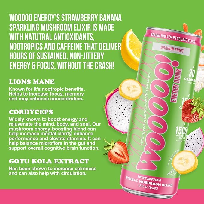 Wooooo! Energy Ric Flair Sparkling Adaptogenic Mushroom Energy Drink | Natural Antioxidants & Nootropics | Lion’s Mane & Cordyceps | 150mg Caffeine | 12 Pack (Dragon Fruit)