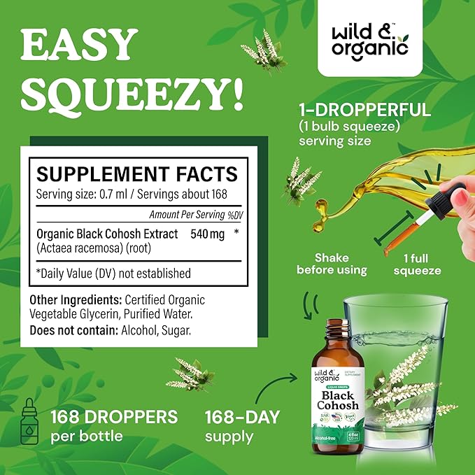Wild & Organic Black Cohosh Tincture 540 mg - Herbal Supplements for Women - Black Cohosh Root Extract - 5-Month Supply - Vegan, Sugar & Alcohol-Free Liquid Drops - 4 fl oz