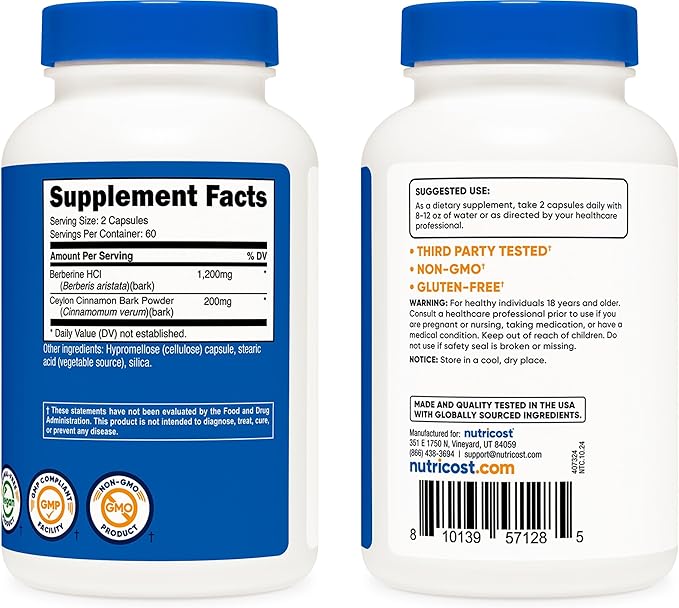 Nutricost Berberine HCl with Ceylon Cinnamon Capsules (120 Capsules, 60 Servings) - Non-GMO, Animal-Free Product