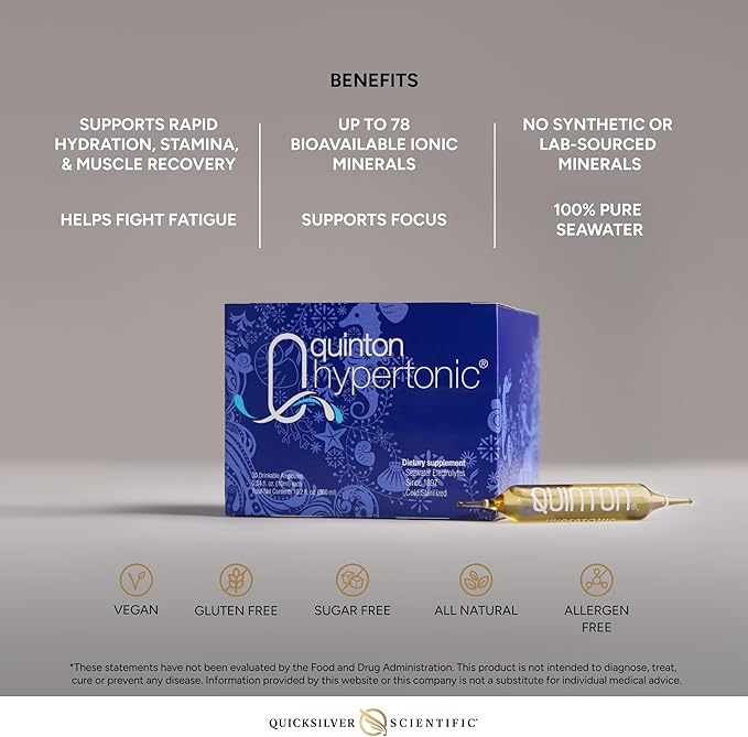 Quicksilver Scientific Original Quinton Hypertonic Solution - Sea Water Hydration - Liquid Minerals with Electrolytes for Muscle Recovery, Stamina+Mineral Replenishment (30 Single Serving Glass Vials)