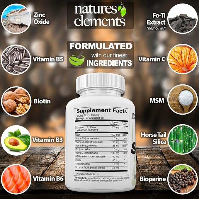 Natures Elements Advanced Shou Wu for Gray Hair – Prepared He Shou Wu for Hair Growth with Biotin, Bioperine, Fo-Ti Root & More – 100% Natural – 60 Tablets – Pack of 3 - Non-GMO, Gluten-Free