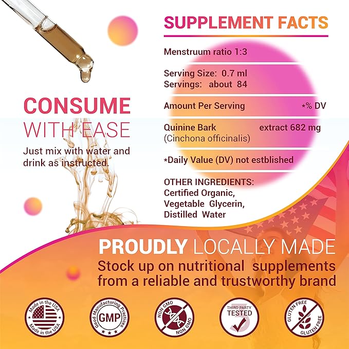 Quinine Liquid Extract 2oz – Restless Legs Syndrome Relief & Leg Cramps PM Nighttime Cramp Relief – All-Natural Cinchona Officinalis Bark Tincture for Cramp Defense, Digestive Health & Immune Support