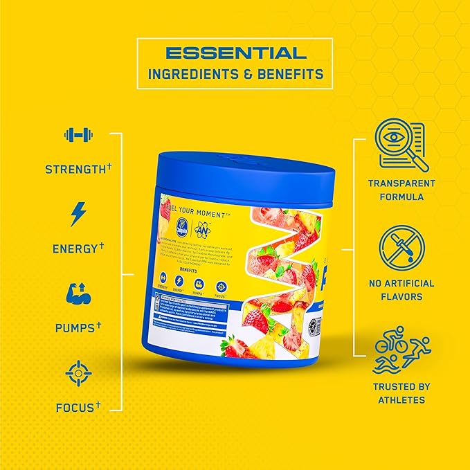 AN Essentials Pre-Workout Powder Supplement for Men & Women | Energy Mix with 200mg Caffeine, Beta Alanine, Citrulline, & Creatine | Chiquita Pineapple Strawberry | 30 Servings