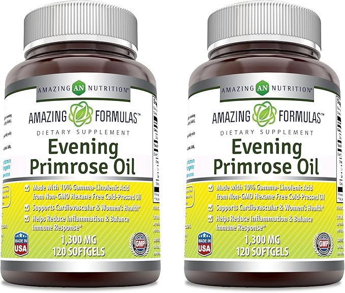 Amazing Formulas Evening Primrose Oil 1300mg, 10% GLA, Softgels Supplement | Hexane Free Cold Pressed Oil | Non-GMO | Gluten Free (120 Count | 2 Pack)