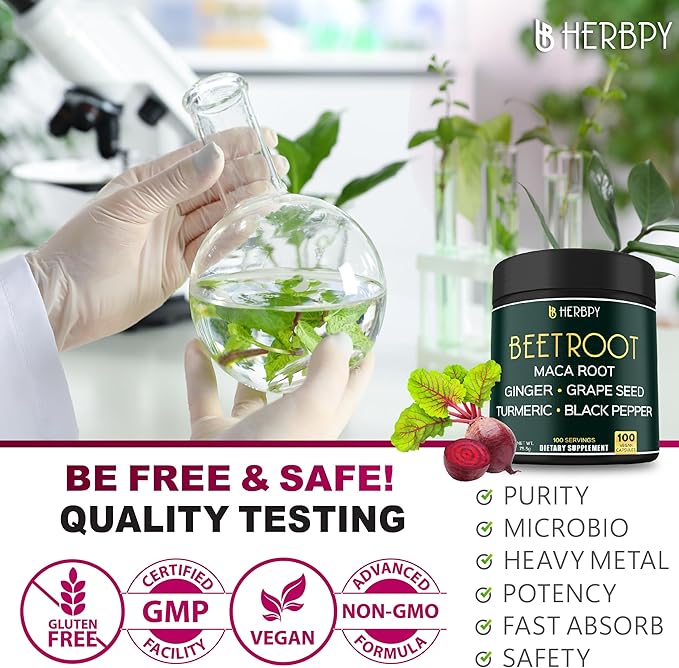 6in1 Beetroot Supplement with Maca Root, Grape Seed, Ginger, Turmeric and Black Pepper for Heart Health & Immune Support - 100 Vegan Capsules