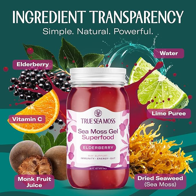 TrueSeaMoss Sea Moss Gel – Made in USA – Wildcrafted Seamoss, Fresh Fruits & Sea Vegetables – Elderberry, Pack of 2 (Labels may Vary)