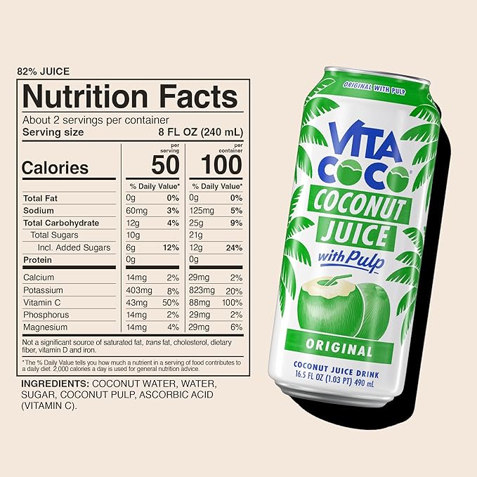 Vita Coco Coconut Juice, Original with Pulp | Big, Bold Coconut Taste | Natural Electrolytes | Sweet, Refreshing Hydration | 16.9 oz can (Pack of 12)