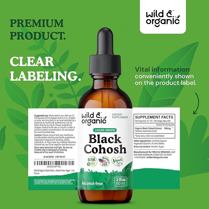 Wild & Organic Black Cohosh Liquid Drops 540 mg - Herbal Supplements for Women - Liquid Black Cohosh Extract Tincture - 2-Month Supply - Vegan, Sugar & Alcohol-Free - 2 fl oz