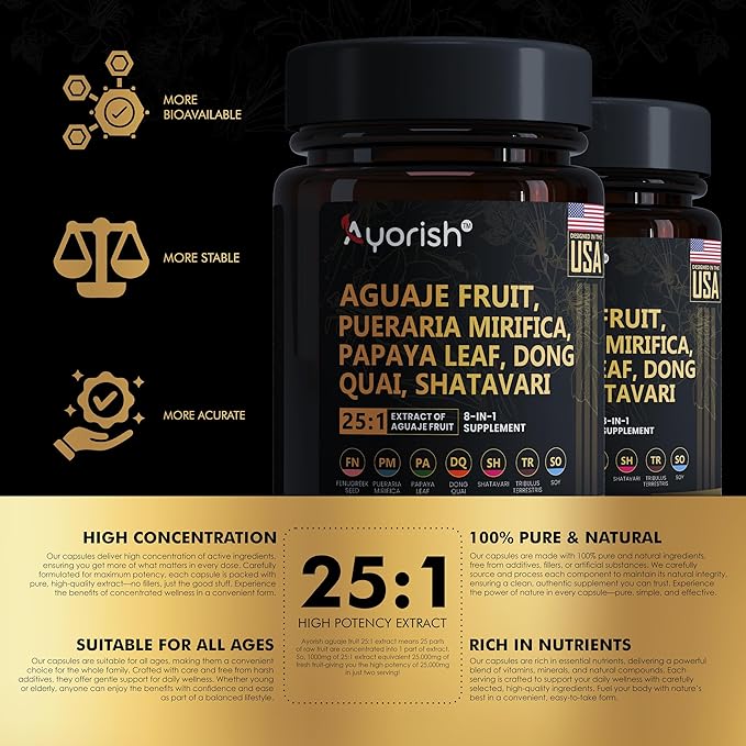 Aguaje Fruit Supplement1000mg 25:1 with Pueraria Mirifica, Papaya Leaf, Dong Quai, Shatavari, Wild Yam,Fenugreek Seed 120 Veg Capsules