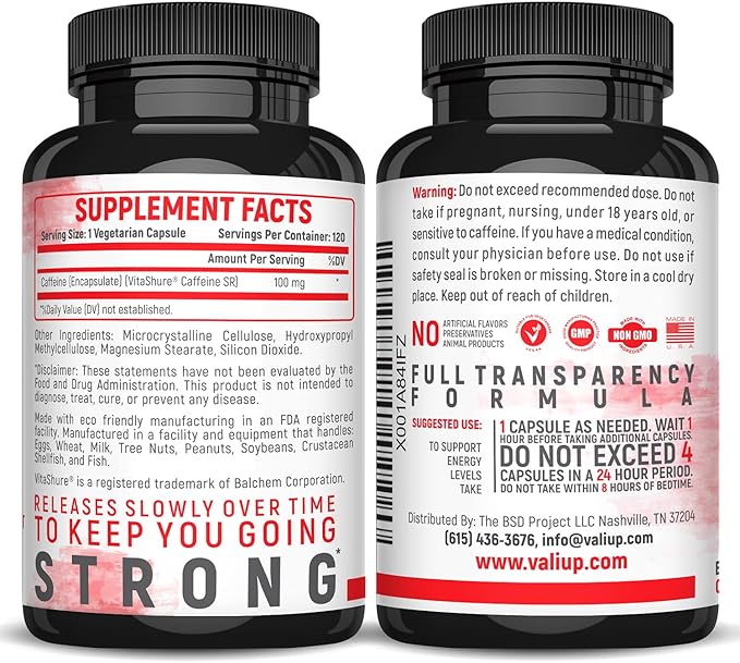 VALI Time Release Caffeine 100mg Capsules- Smart Slow Release for Extended Energy & Focus. Advanced Nootropic Supplement. Brain Booster Active Performance, Alertness & Clarity. 120 Veggie Capsules