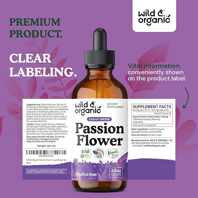 Wild & Organic Passion Flower Tincture - Mood Support - Calming Passionflower Supplement - Passiflora Incarnata Liquid Extract - Vegan, Sugar & Alcohol-Free Herb Drops - 4 fl oz