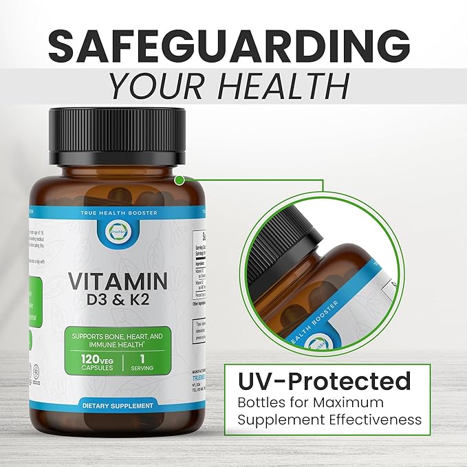 Vitamin D3 & K2 Supplement β High-Potency D3 5000 IU + K2 MK7 β Supports Bone, Heart & Immune Health β Calcium Absorption & Cardiovascular Wellness β 120 Vegan Capsules