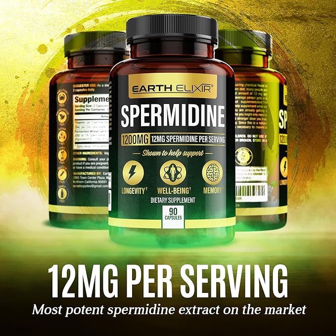 Spermidine Supplements 1200mg (90 Capsules) ā Anti Aging - 3rd Party Tested (12mg Spermidine Powder) Max Purity - 100% Pure Espermidina- Fermented Wheat Germ Extract - NMN Alternative