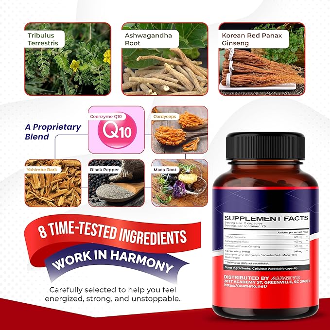 Tribulus Terrestris 98% Saponins - Enhanced 12-in-1 Formula with Yohimbine, Red Panax Ginseng, Ashwagandha for Boosting Energy, Stamina & Endurance* - Made in The USA