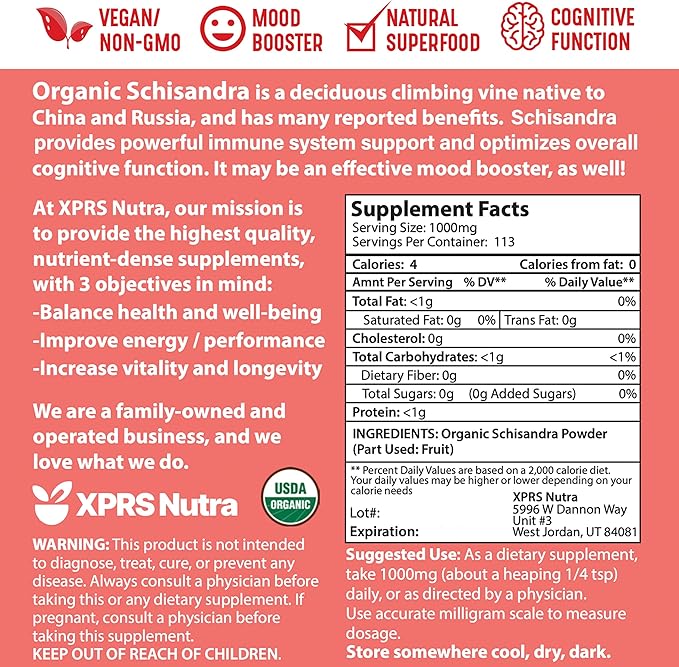XPRS Nutra Organic Schisandra Berry Powder Extract - Premium USDA Organic Schisandra Powder for Cognition and Immunity - Vegan Friendly Berry Superfood (4 oz)