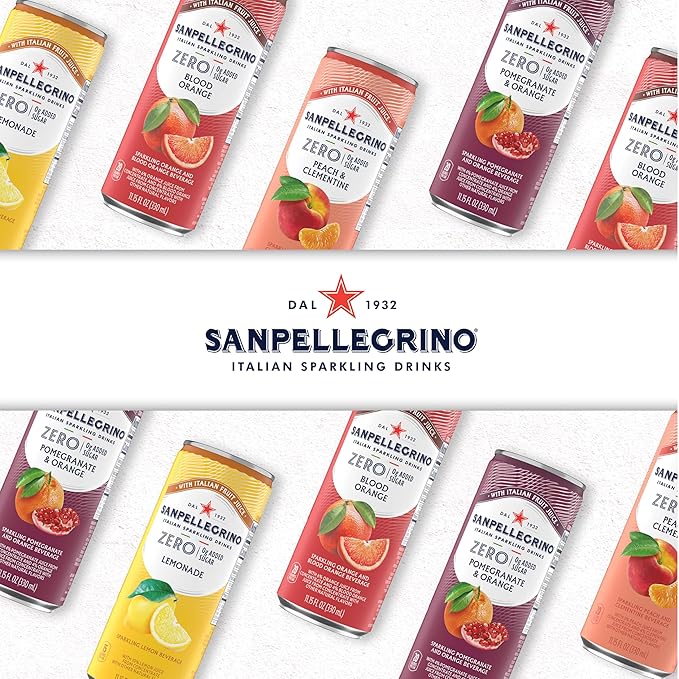 Sanpellegrino Zero Grams Added Sugar Sparkling Orange And Blood Orange Beverage, Italian Sparkling Drink, 24 Pack Of 11.15 Fl Oz Cans, San Pellegrino Italian Sparkling Drinks, Low Calorie Sparkling Fruit Beverages