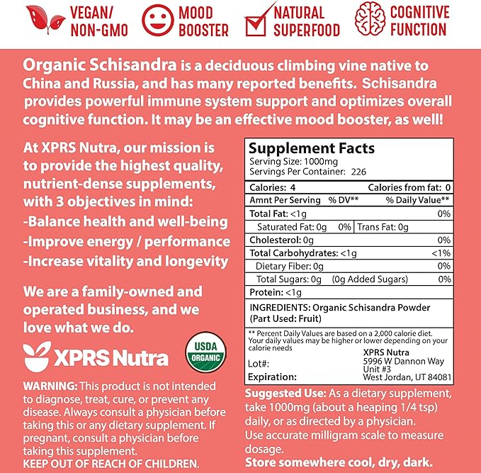 XPRS Nutra Organic Schisandra Berry Powder Extract - Premium USDA Organic Schisandra Powder for Cognition and Immunity - Vegan Friendly Berry Superfood (8 oz)