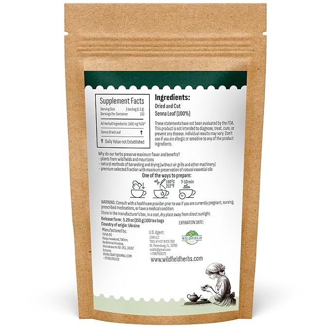 100 Bags Senna Leaf Senna Leaves Tea Herbal Tea (Senna Alexandrina) - 100 Count 1.5g Bags Hoja De Sen Hojas De Sen Para Te