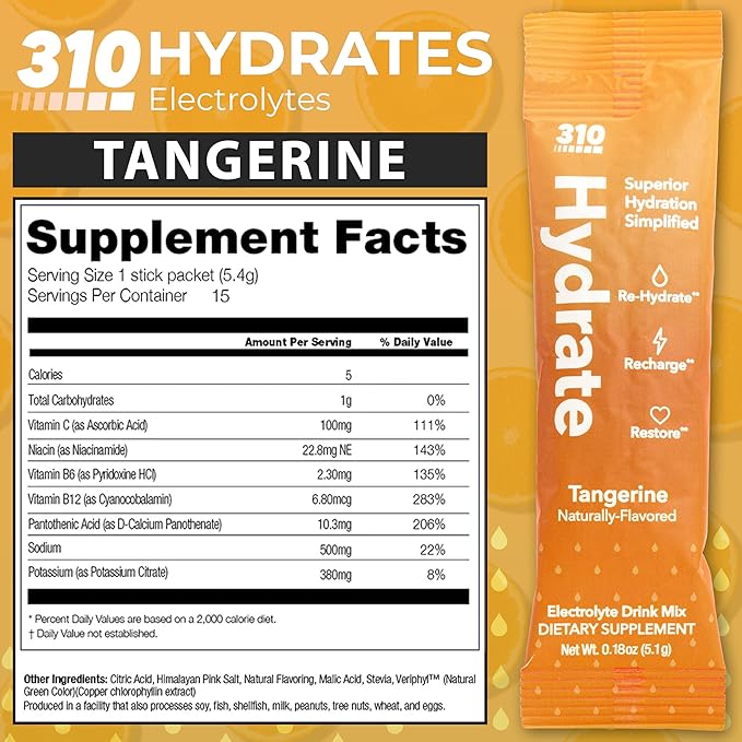 310 Nutrition Hydrate Electrolyte Powder Packets – Chris Eubank Jr. Edition – Electrolytes & B Vitamins – Keto Friendly Drink Mix – On-The-Go Hydration – 30 Single Serve Packets, Tangerine Flavor