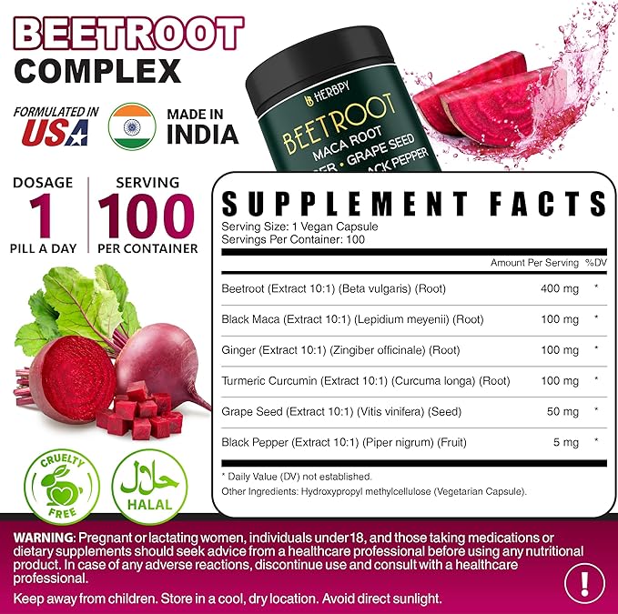 6in1 Beetroot Supplement with Maca Root, Grape Seed, Ginger, Turmeric and Black Pepper for Heart Health & Immune Support - 100 Vegan Capsules
