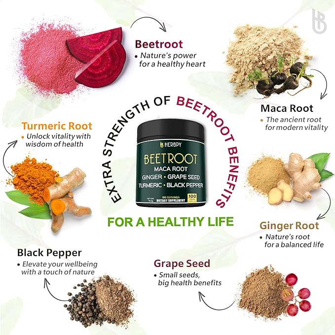 6in1 Beetroot Supplement with Maca Root, Grape Seed, Ginger, Turmeric and Black Pepper for Heart Health & Immune Support - 100 Vegan Capsules