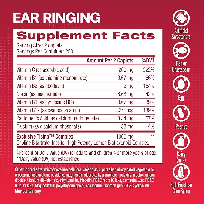 Lipo-Flavonoid Plus Tinnitus Relief - Doctor-Recommended for Ringing Ears - Clinically-Proven Lemon Bioflavonoid Complex with Vitamins C, B1, B2, B6, B12, & Calcium - 500 Caplets