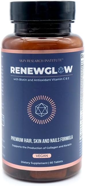 Skin Research Institute Renewglow Biotin 5000mcg Hair Growth Supplement for Women 40 Plus - Gotu Kola Vitamin E, C Zinc for Healthy Hair, Skin and Nails – with 27 Beauty Enhancing Nutrients