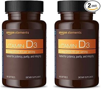 Amazon Elements Vitamin D3, 2000 IU, 180 Softgels, 6 Month Supply (Packaging May Vary), Supports Strong Bones and Immune Health (Pack of 2)