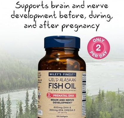Wiley's Finest Wild Alaskan Fish Oil Prenatal DHA - 900mg EPA and DHA Omega-3s for Pregnant Women and Nursing Mothers - 120 Softgels (60 Prenatal Vitamin Servings)