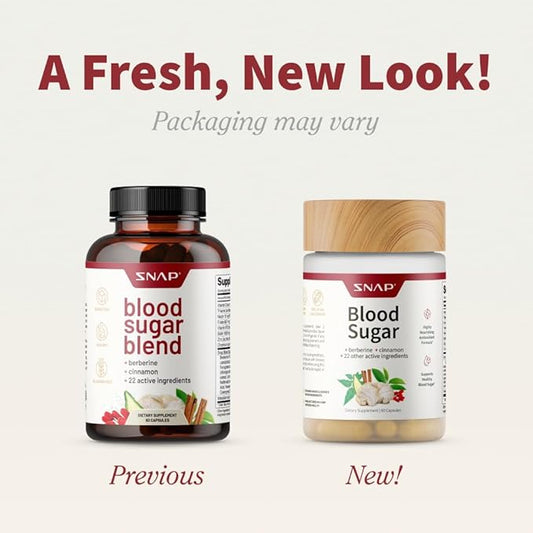 Snap Supplements Blood Sugar Blend with Berberine, CoQ10, Cinnamon, Alpha Lipoic Acid and Gymnema to Support Healthy Blood Sugar, Metabolic Health and Energy, Sugar Free, 60 Capsules