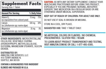 Amazon Elements Calcium plus Vitamin D, Calcium 500mg with D2 600IU, Vegan, 65 Tablets (2 month supply) (Packaging may vary), Supports Strong Bones and Immune Health