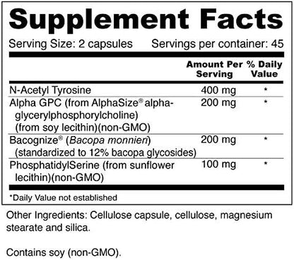 Wellness Resources Super Brain Booster with Phosphatidylserine, N-Acetyl Tyrosine, Alpha GPC and Bacopa for Mental Clarity, Focus and Memory (90 Capsules)