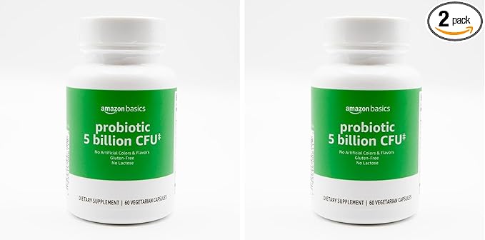 Amazon Basics Probiotic 5 Billion CFU, 8 Probiotic strains with 60 mg Prebiotic Blend, 60 Count Vegetarian Capsules, 2 Month Supply, Supports Healthy Digestion (Previously Solimo) (Pack of 2)