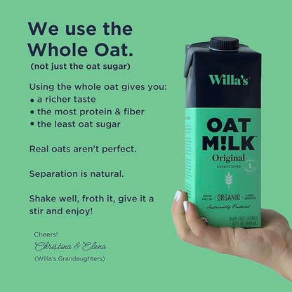 Willa's Organic Oat Milk - Unsweetened Original Oatmilk, Non-GMO, Shelf Stable, Low Sugar, Non-Dairy Milk, Made from Whole Grain Oats, No Oil, No Gums, 32 Oz - Pack of 1