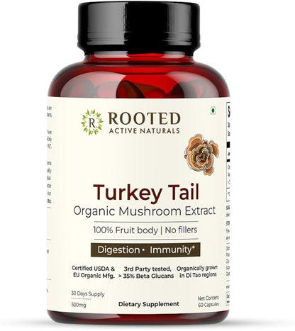 ROOTED Active's Turkey Tail Mushroom Extract Capsules (60 Veg Caps, 500 mg) | Heart Health, Stress Relief, Liver. USDA Organic, 35% Beta Glucans, Certified Organic