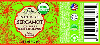 US Organic 100% Pure Bergamot Essential Oil, USDA Certified Organic, Cold Pressed, with Euro droppers (More Size Variations Available) (10 ml / .33 fl oz)