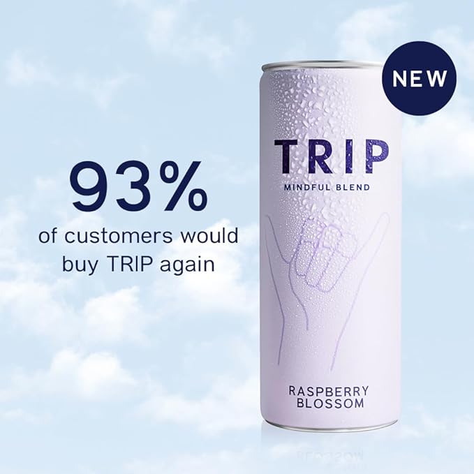 Trip Mindful Blend, Lightly Sparkling Adaptogen Seltzer, Mocktail w/ 120mg Magnesium Citrate with Ashwagandha, Lions Mane & L Theanine, No Added Sugar, Vegan, Raspberry Orange Blossom, 12 Oz, 12Pk